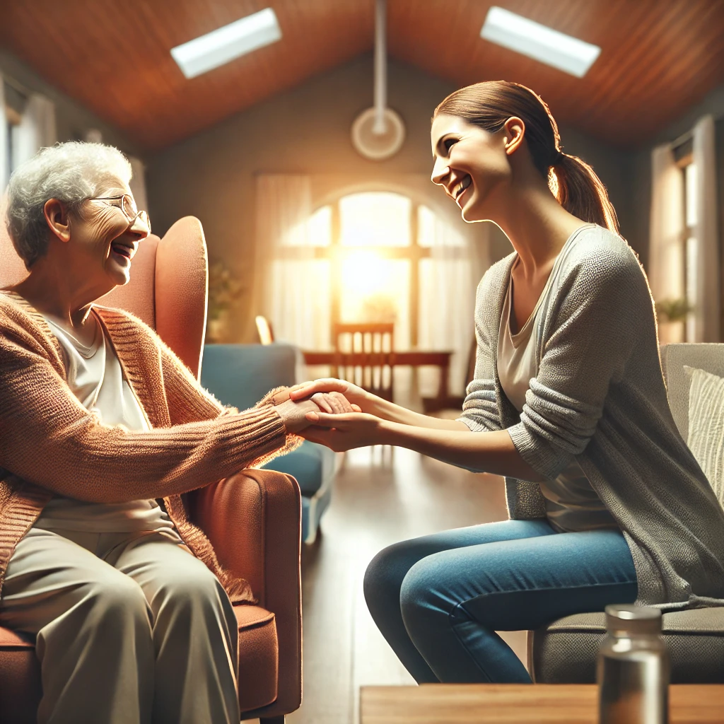 Female volunteer smiling and talking with an older woman