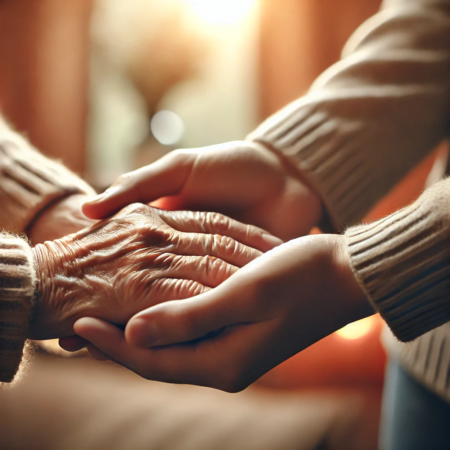 A younger person holding the hands of an older person