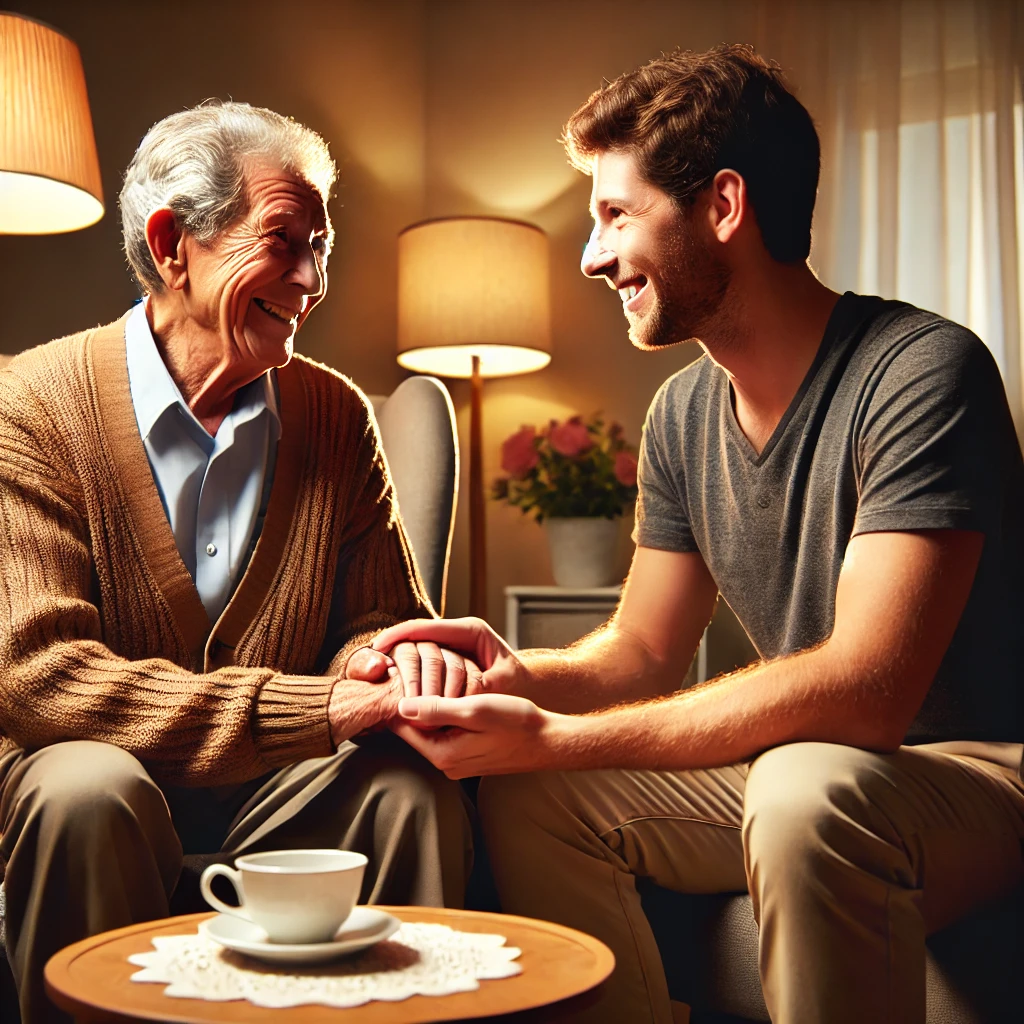 An older man speaking with a younger man