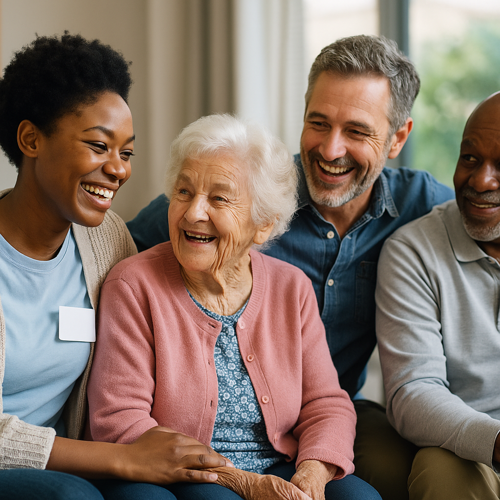 Group of people visiting an older woman