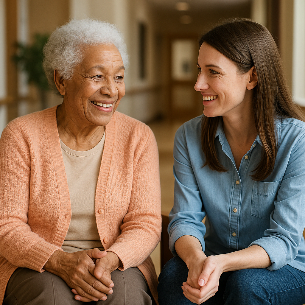 Older woman and younger volunteer smiling together during a conversation in a long-term care community.