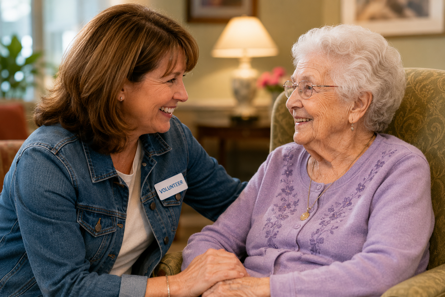 A companion volunteer visiting with an older adult in a long-term care community
