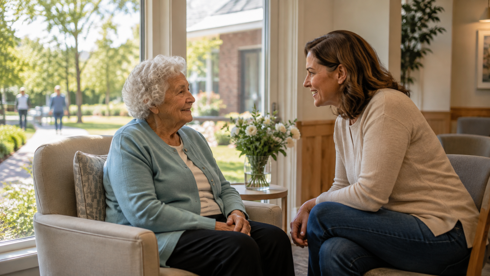 Social connection in nursing homes: older resident talking with a companion visitor.